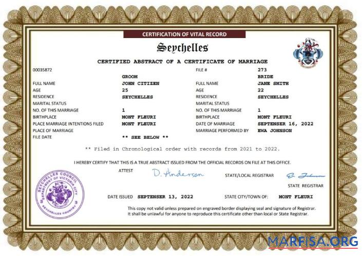 Blank Seychelles marriage certificate Word and PDF template